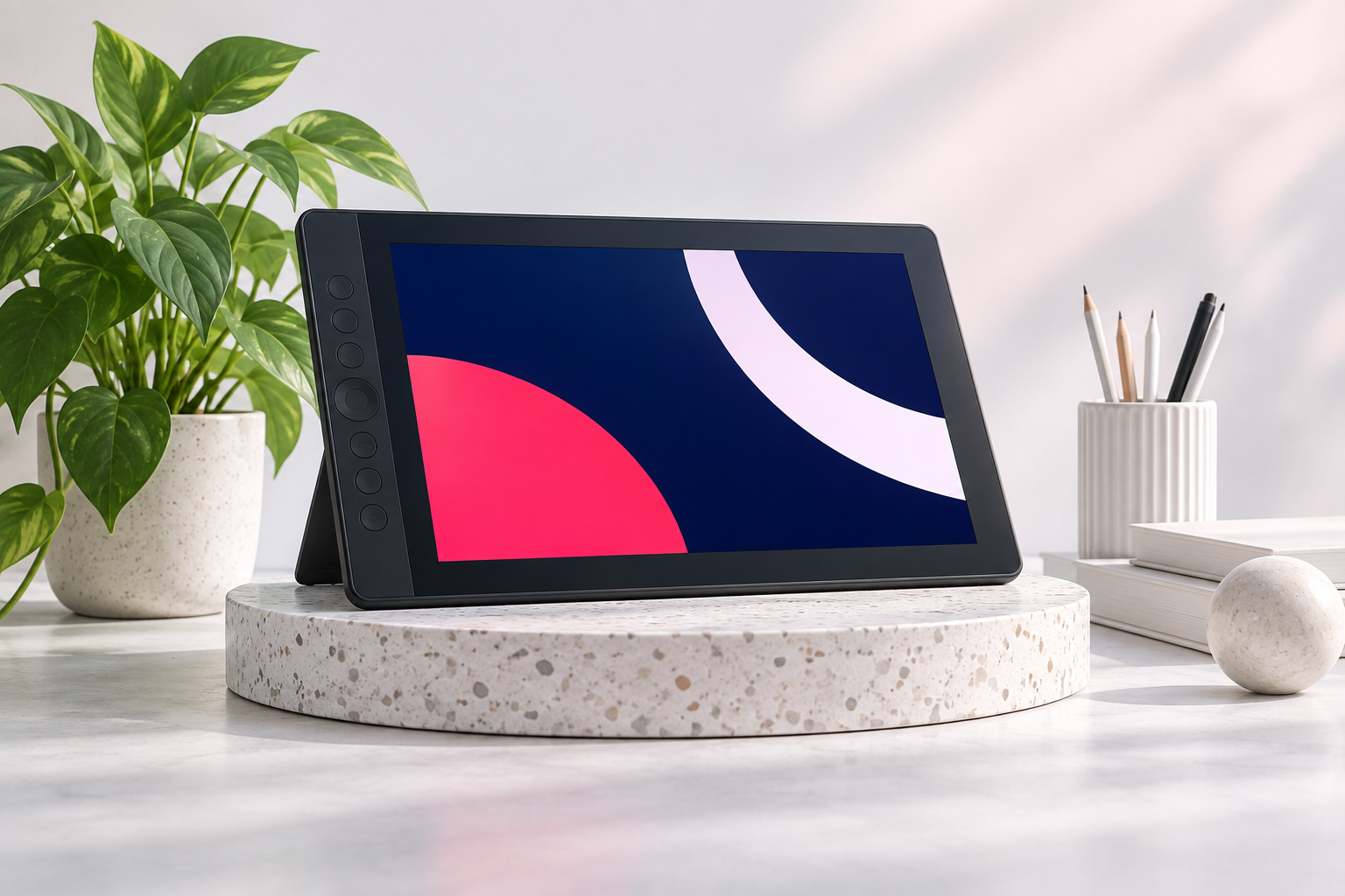 Estudio creativo con tableta gráfica y accesorios
